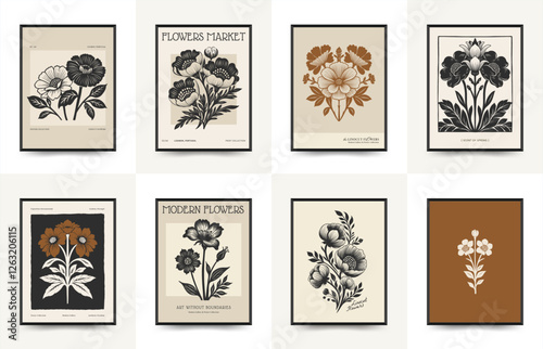 Abstract linocut floral posters template. Modern trendy minimal style. Black and white colors. Botanical blockprint. Hand drawn design for wallpaper, wall decor, print, postcard, cover, template.