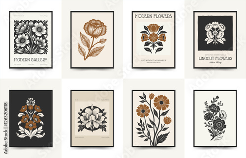 Abstract linocut floral posters template. Modern trendy minimal style. Black and white colors. Botanical blockprint. Hand drawn design for wallpaper, wall decor, print, postcard, cover, template.