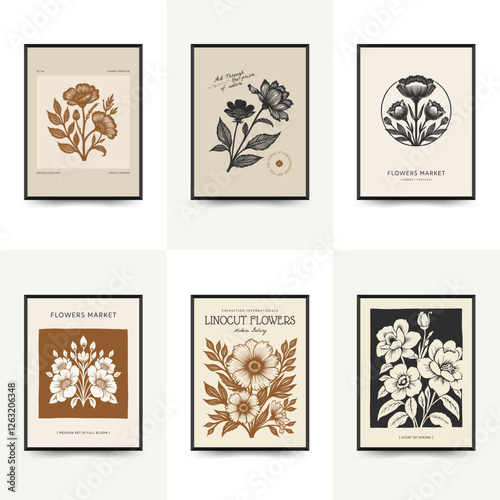 Abstract linocut floral posters template. Modern trendy minimal style. Black and white colors. Botanical blockprint. Hand drawn design for wallpaper, wall decor, print, postcard, cover, template.