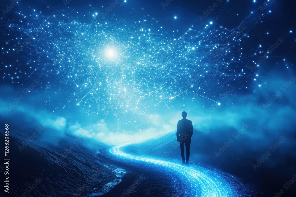 Fototapeta premium A journey through a network of blue energy lines each one a path to a different star a different destiny