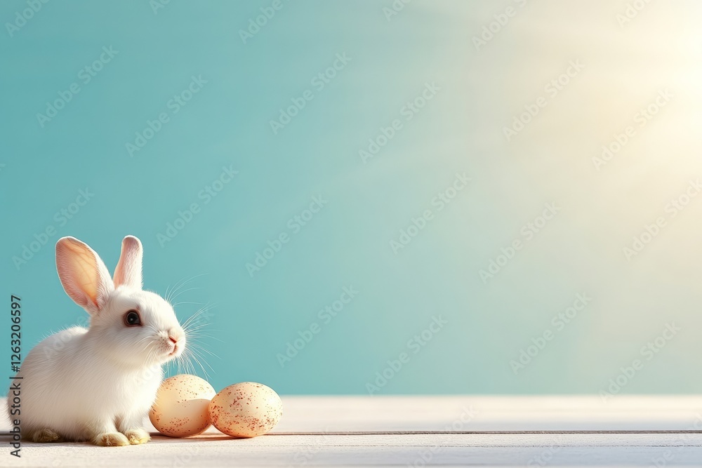 Fototapeta premium Cute white rabbit with eggs in sunlit spring setting