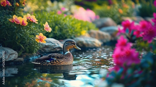 Duck Quacking Near a Pond in the Middle of a Flower
