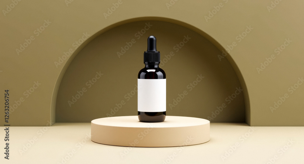 dark amber bottle with dropper on beige platform