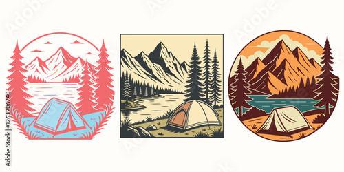 Three Camping Scenes in Mountainous Landscapes