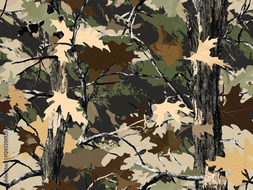 Authentic forest-inspired camouflage seamless pattern, crafted for hunting and military uniforms. Perfect for outdoor enthusiasts and tactical gear