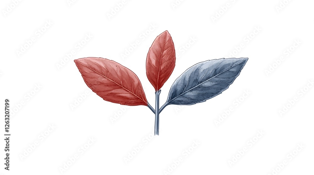 Obraz premium Artistic Leaves in Red and Blue Colors on White Background