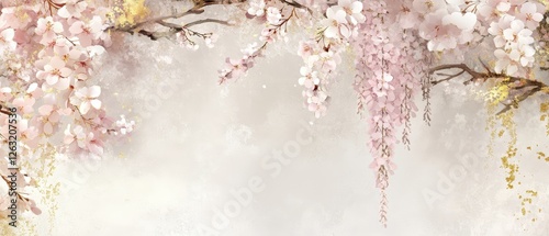 Collagestyle sakura and wisteria vines intertwined with goldaccented washi, light and airy pastel tones photo