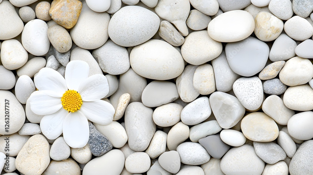 Elegant White Flower on Smooth Pebbles in Tranquil Nature Scene Elegant White Flower on Smooth Pebbles in Tranquil Nature Scene