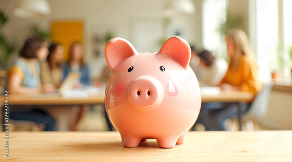 pastel pink piggy bank on wooden table with blurred background of people in meeting pastel pink piggy bank on wooden table with blurred background of people in meeting