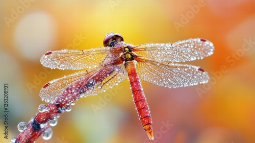 Dragonfly Resting on a Dew-Covered Blade of Grass.