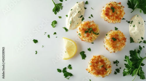 Crispy Crab Cakes with Creamy Sauce and Parsley Garnish
