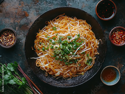  bowl of pad Thai noodles topped with green onions and bean sprouts. The dish is garnished with a reddish sauce, and there are small bowls of sauce and ingredients in the background.