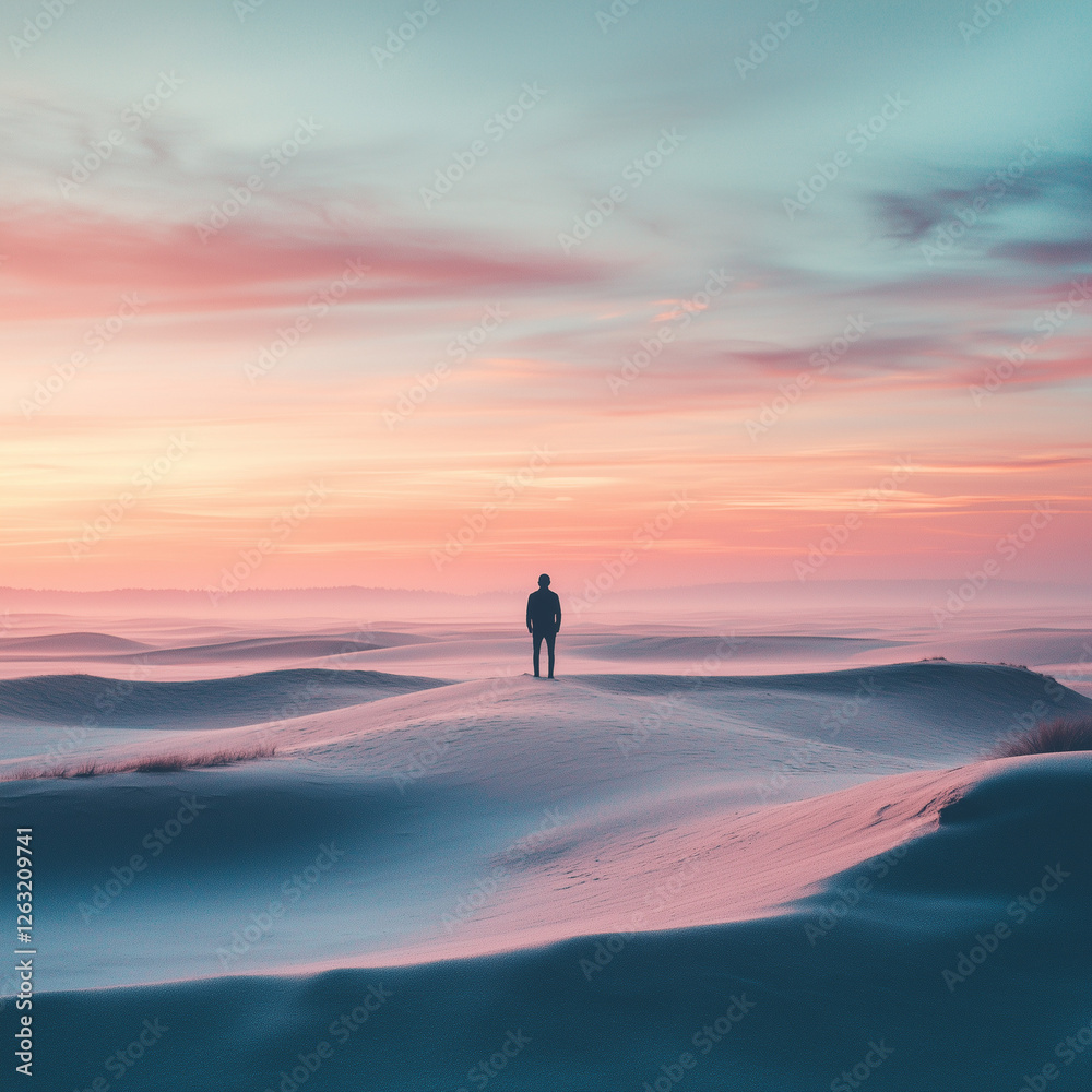 Soft Skies, Silent Sands: A Moment in Time, man walking on the sunset Soft Skies, Silent Sands: A Moment in Time, man walking on the sunset