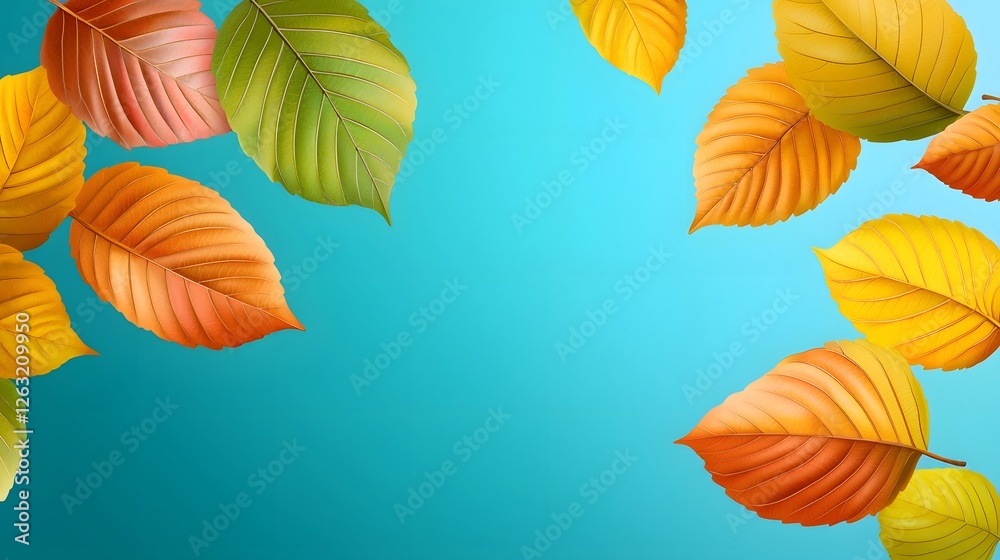 Obraz premium Colorful Autumn Leaves on Bright Blue Background with Soft Light