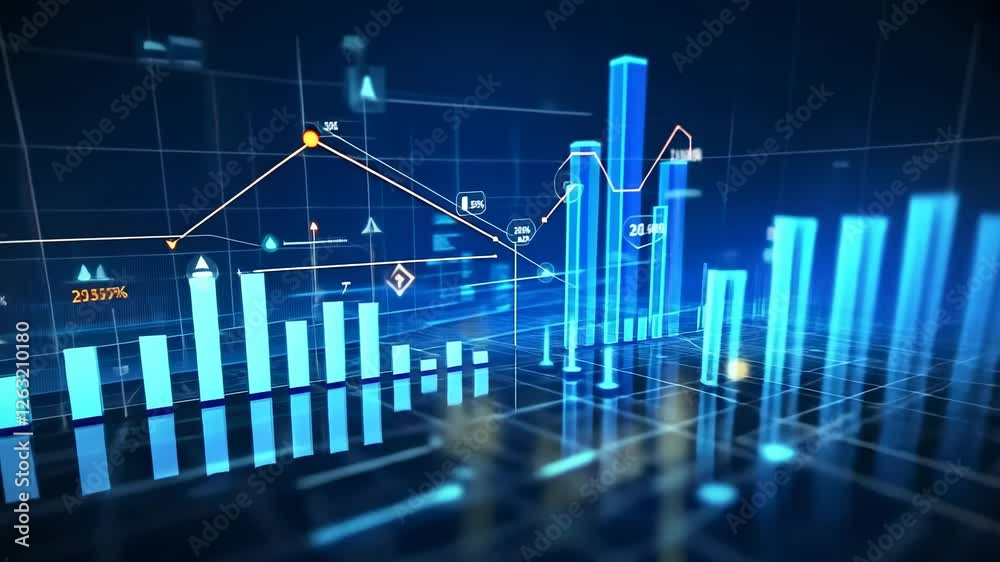 Digital growth charts rising in futuristic city, data analysis presentation