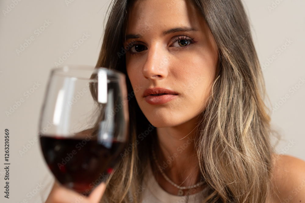 Pensive woman drinking red wine in dim light, contemplating alone Pensive woman drinking red wine in dim light, contemplating alone