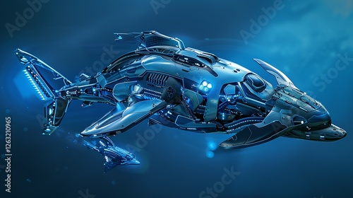 Cybernetic Shark: A futuristic, sleek and imposing cybernetic shark, crafted with intricate details and glowing blue lights, dominates the deep blue expanse.
