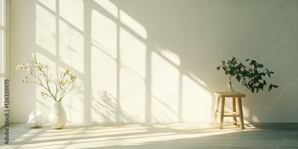 Close-up of a pristine white vase filled with delicate flowers against a softly lit wall, casting subtle shadows for a serene, elegant ambiance Close-up of a pristine white vase filled with delicate flowers against a softly lit wall, casting subtle shadows for a serene, elegant ambiance