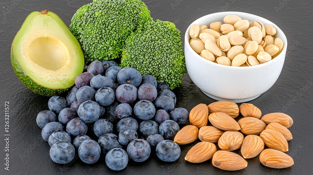 Fresh Avocado, Broccoli, Blueberries, Nuts on Dark Surface Display Fresh Avocado, Broccoli, Blueberries, Nuts on Dark Surface Display