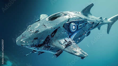 Shark Submersible: A futuristic submersible, designed in the shape of a shark, glides silently through deep ocean waters. Its metallic grey exterior reflects the ambient light.