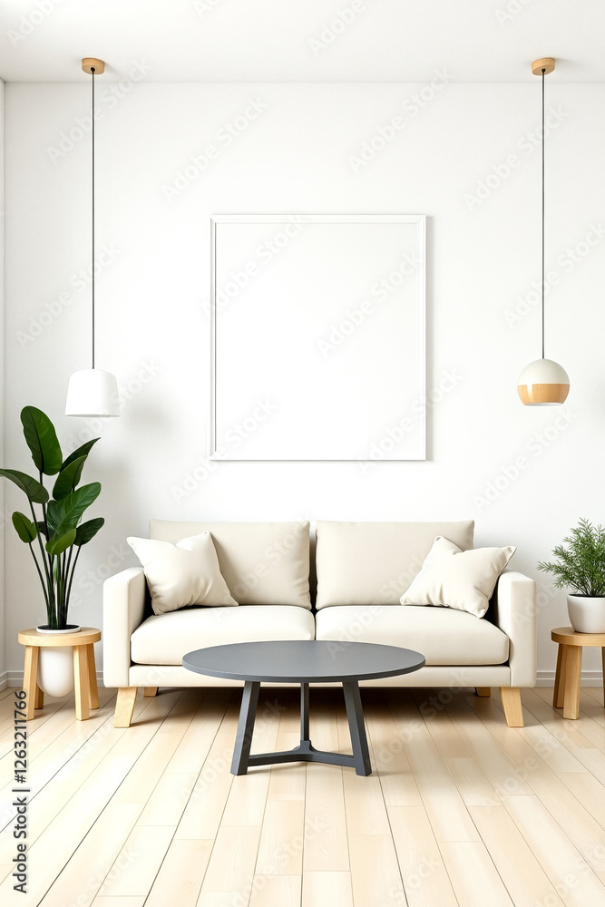 Naklejka premium minimalist beige sofa in a bright living room with blank frame
