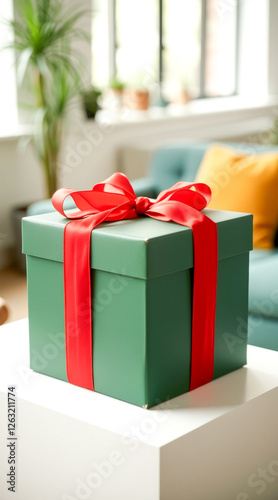 green gift box with red ribbon