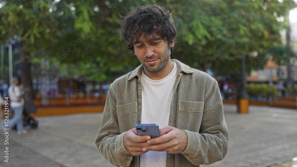 Fototapeta premium Young man standing in an urban park street holding a smartphone, surrounded by trees, depicting a modern outdoor lifestyle in a bustling city environment.