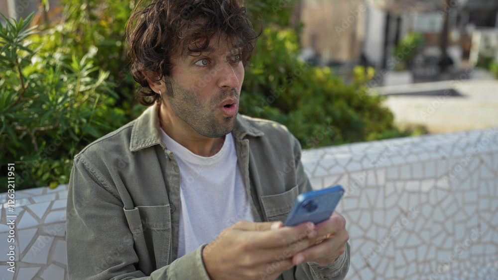 Fototapeta premium Young man with surprised expression holding smartphone casually sitting in urban park surrounded by greenery and cityscape background