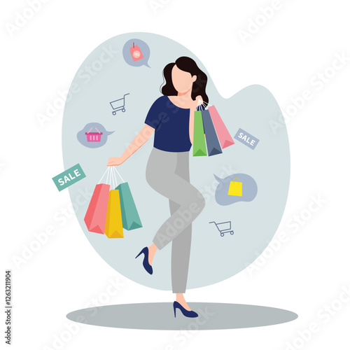 Young girl with shopping bags enjoying shopping sale 