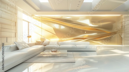 Golden Hour Living Room: Sunlight streams into a modern living room, illuminating a stunning golden wall feature that resembles flowing fabric.