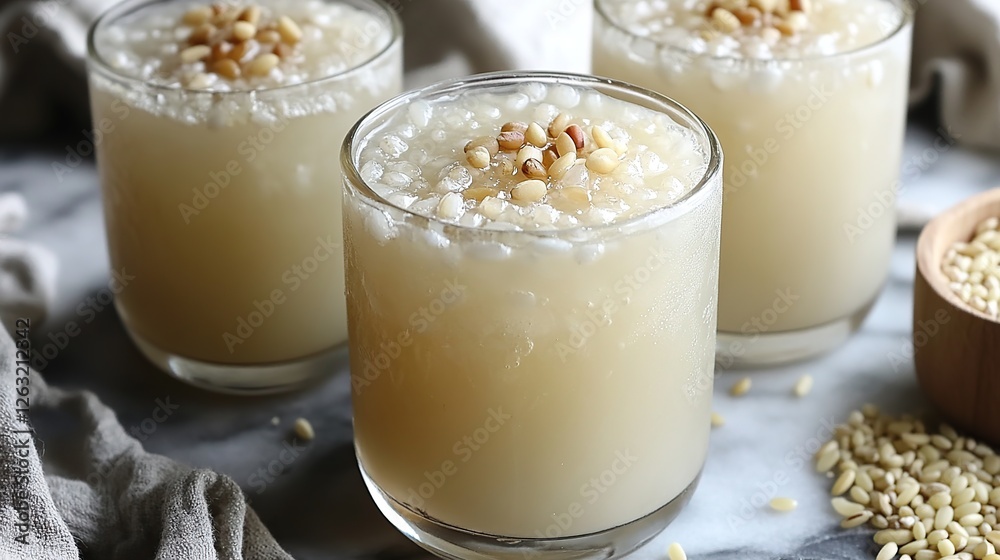 Korean sikhye (sweet rice drink) served chilled with a sprinkle of pine nuts and barley grains, served in a clear glass Korean sikhye (sweet rice drink) served chilled with a sprinkle of pine nuts and barley grains, served in a clear glass