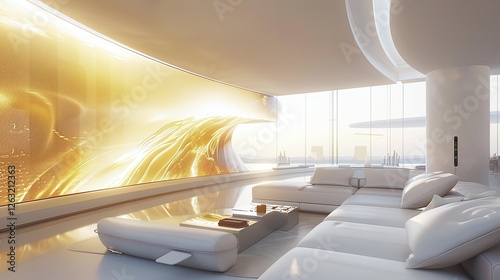 Modern Living Room: A minimalist living room with a striking, luminous wall of shimmering gold.  A large, white sectional sofa and a sleek, glass coffee table are illuminated by the golden light.