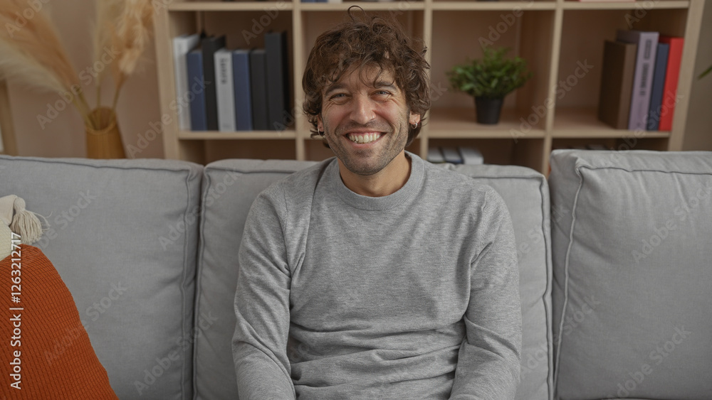 Young man smiling indoors on a cozy couch with bookcase background, showcasing a relaxed and welcoming home atmosphere. Young man smiling indoors on a cozy couch with bookcase background, showcasing a relaxed and welcoming home atmosphere.