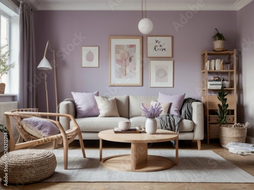 Lavender Living Room Decor Featuring Light Sofa and Wooden Accents