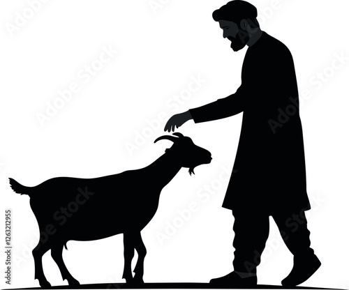Minimalistic Black Silhouette of a Muslim Person with a Tied Goat | Eid ul Adha Concept Vector Illustration | Hand-Drawn Sacrificial Animal Artwork | Islamic Festival, Qurbani, and Religious Celebrati