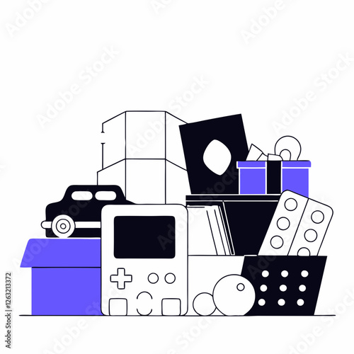 Excessive consumption Minimalist illustration of hoarded old toys and miscellaneous items