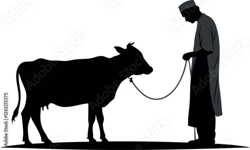Minimalistic Black Silhouette of a Muslim Person Holding a Tied Cow | Eid ul Adha Concept Vector Illustration | Hand-Drawn Qurbani Scene Artwork | Islamic Festival, Sacrificial Ritual, and Religious C