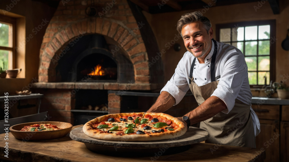 A smiling chef proudly displays a delicious, freshly baked pizza in his rustic kitchen with a brick oven. A smiling chef proudly displays a delicious, freshly baked pizza in his rustic kitchen with a brick oven.