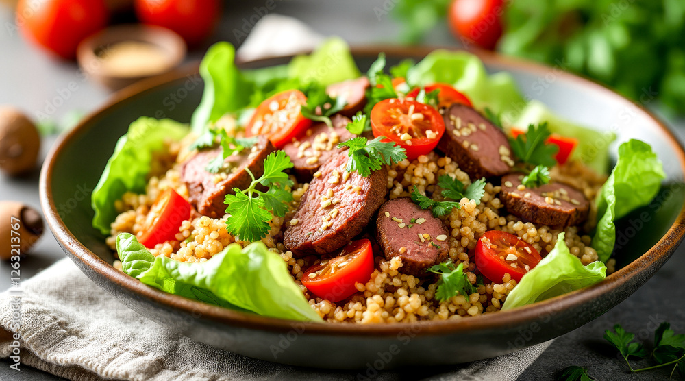 aromatic couscous salad with grilled meat and cherry tomatoes