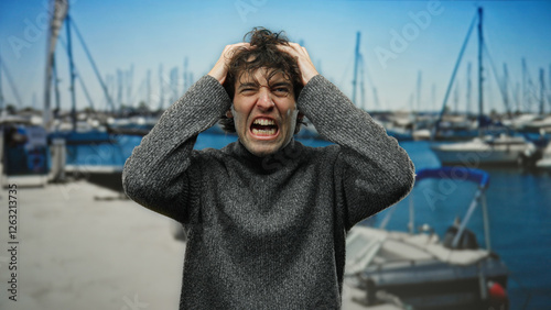 Man expressing stress with hands on head at a seaside port with boats visibly docked around enhancing the dynamic outdoor mood of the scene. photo