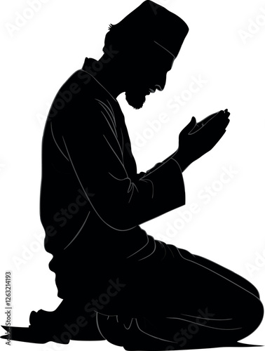 Minimalistic Black Silhouette of a Muslim Person Praying | Ramadan and Eid Concept Vector Illustration | Hand-Drawn Islamic Worship Artwork | Spiritual Devotion, Faith, and Religious Celebration Desig