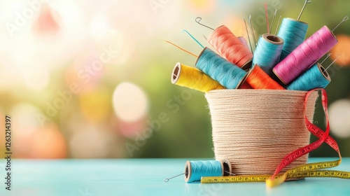 A sewing basket overflowing with spools of thread, measuring tape, and colorful sewing pins, creating a cozy and inviting atmosphere for crafters and DIY enthusiasts. photo