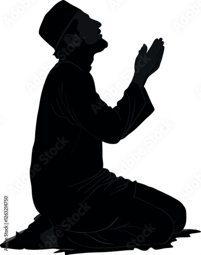 Minimalistic Black Silhouette of a Muslim Person Praying | Ramadan and Eid Concept Vector Illustration | Hand-Drawn Islamic Worship Artwork | Spiritual Devotion, Faith, and Religious Celebration Desig