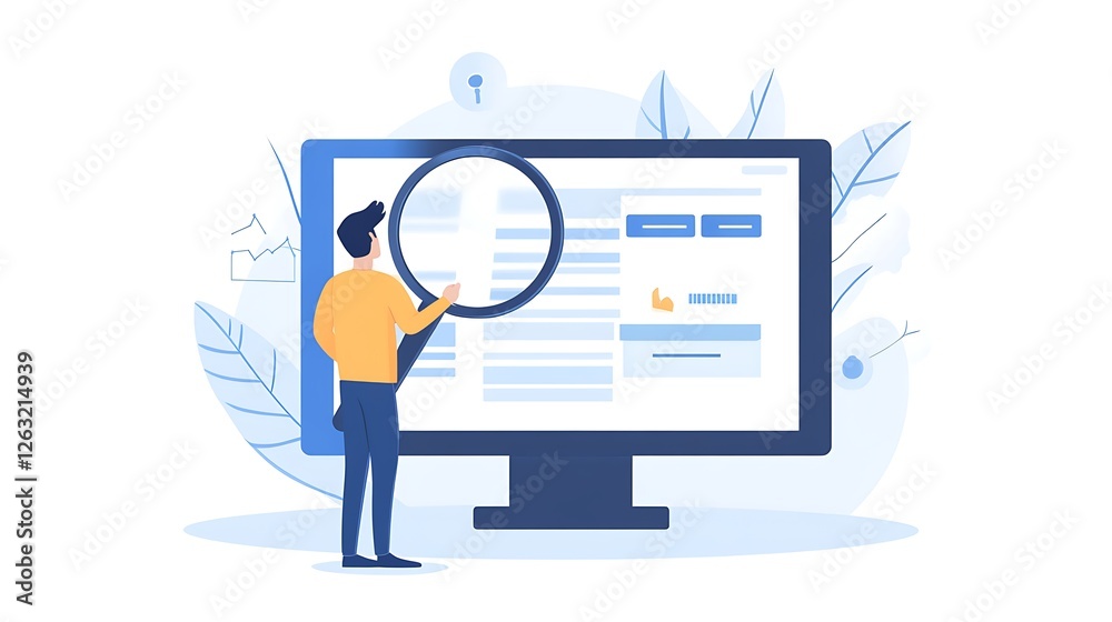 Man using magnifying glass to inspect data on computer screen. Man using magnifying glass to inspect data on computer screen.
