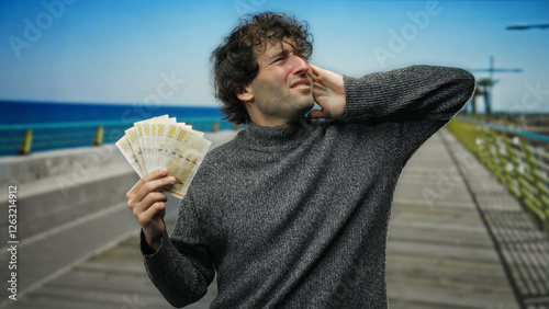 Hispanic man holding norwegian krone banknotes with ear pain on a seaside beach boardwalk under clear blue skies.