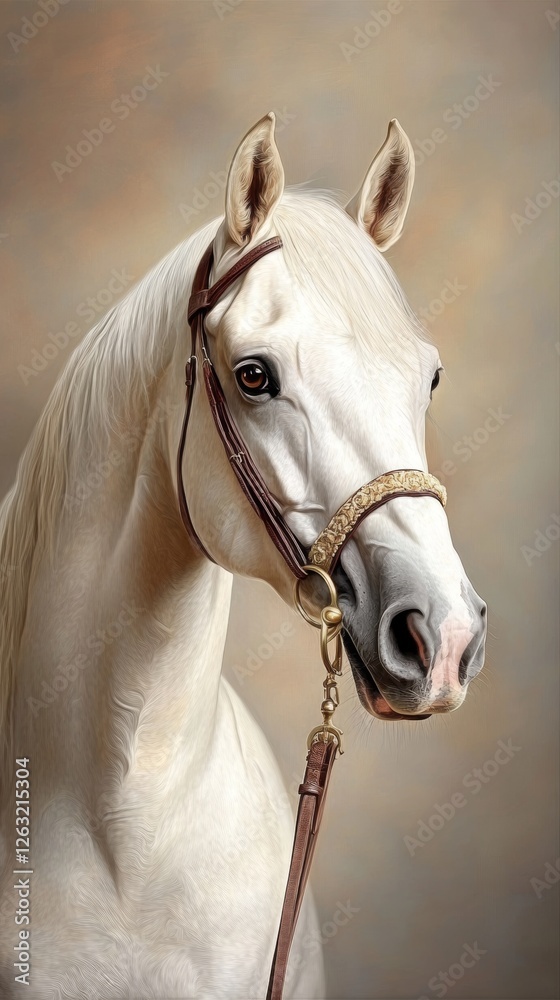 Obraz premium Hyperrealistic portrait featuring a graceful arabian horse with a stunning white coat in a serene studio setting