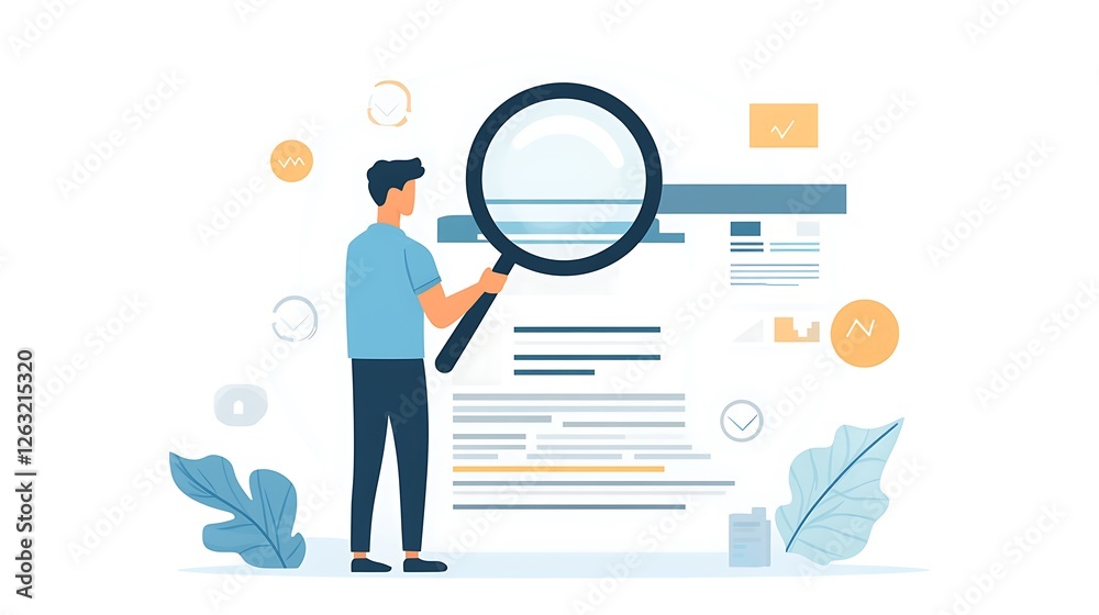 Man using magnifying glass to analyze data on document. Man using magnifying glass to analyze data on document.