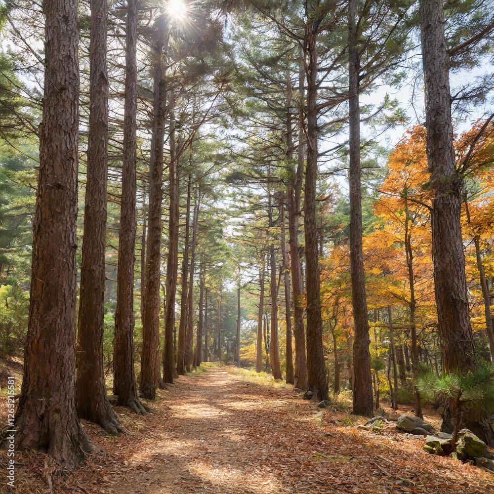 A tranquil forest path lined with tall pine trees, soft sunlight filtering through the branches, and a carpet of fallen leaves. A tranquil forest path lined with tall pine trees, soft sunlight filtering through the branches, and a carpet of fallen leaves.