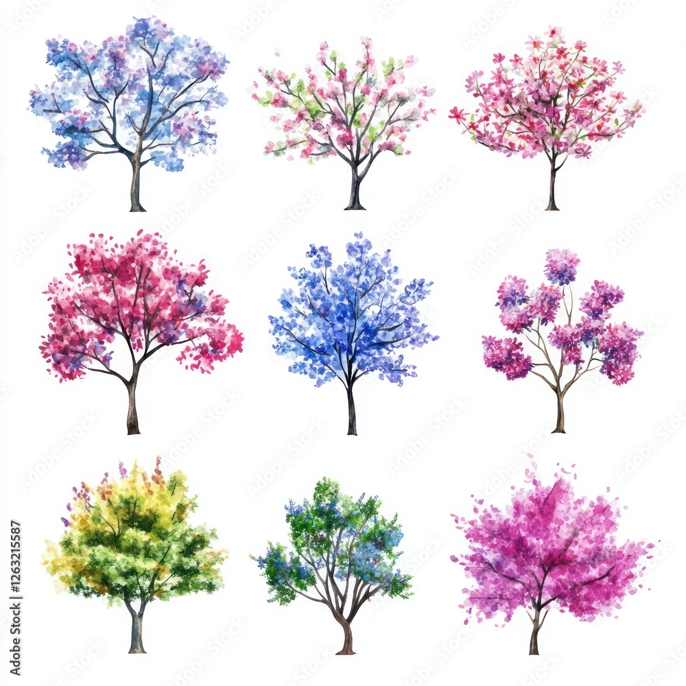 Obraz premium Nine Watercolor Paintings Of Blossoming Trees In Various Colors