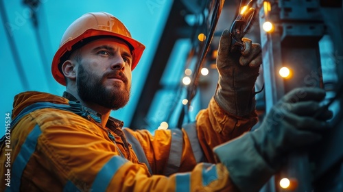 Focused electrician in safety gear working on overhead power lines at dusk with glowing lights in background